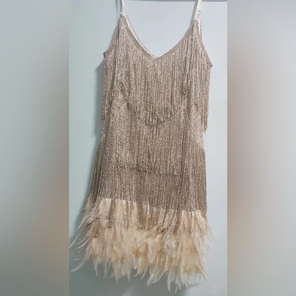 Golden Ballerina Sexy Fringe Feather Mini Dress With Beaded Tassles - Picture 9 of 13